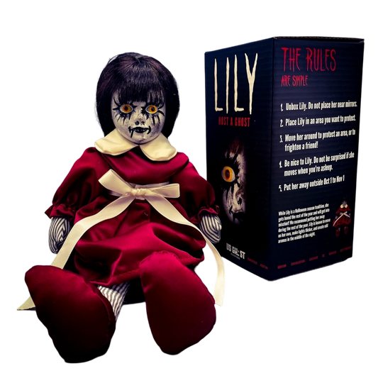 A haunted doll named Lily with black hair and a red dress, sitting next to its packaging box which has 'Lily' and 'The Rules' written on it.