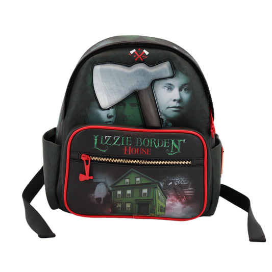 Backpack with Lizzie Borden House design featuring an axe and portrait.