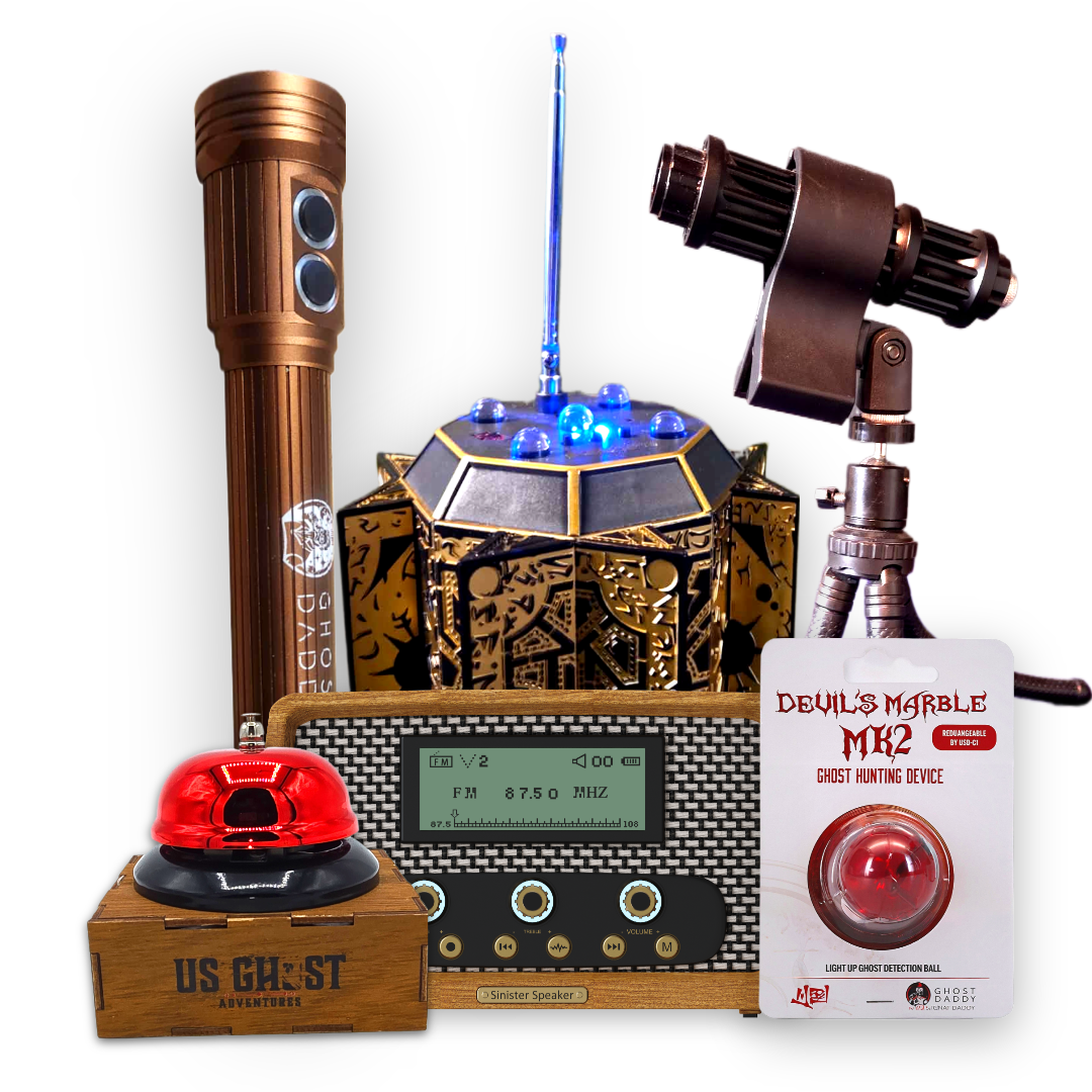 Collection of ghost hunting equipment including a radio, microphone, and other devices on a white background.