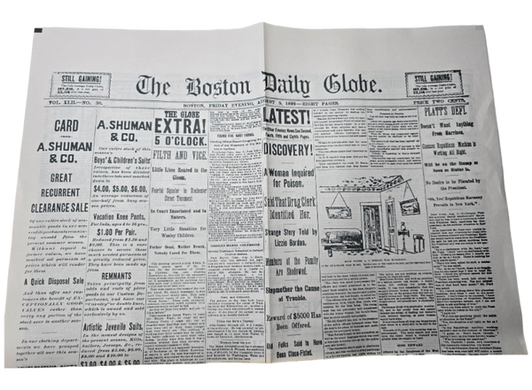The Lizzie Borden Collectible Newspaper, a meticulously crafted replica of a 19th-century newspaper, offers history buffs, true crime enthusiasts, and collectors detailed accounts, articles, and illustrations related to the Borden murders, all printed on premium paper for a durable and vintage feel.