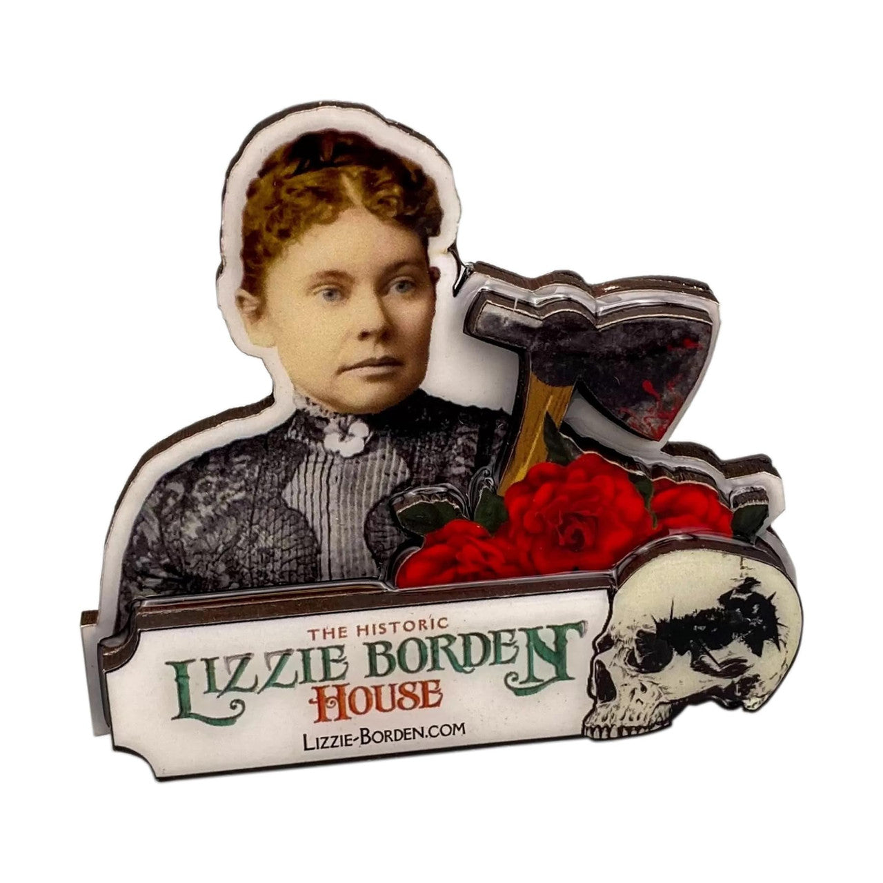 The Lizzie Borden House Lizzie (Epoxy) Decorative Magnet commemorates your visit and adds historical mystery to everyday life, perfect for those intrigued by the macabre allure of Lizzie Borden's legacy.