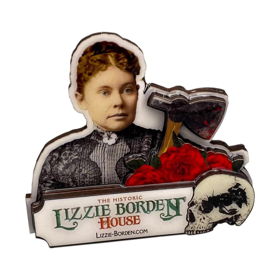 The Lizzie Borden House Lizzie (Epoxy) Decorative Magnet commemorates your visit and adds historical mystery to everyday life, perfect for those intrigued by the macabre allure of Lizzie Borden's legacy.