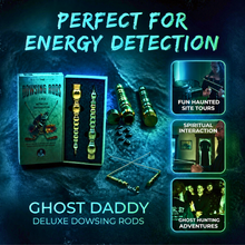 Ghost hunting equipment with 'Ghost Daddy' dowsing rods on a dark background.