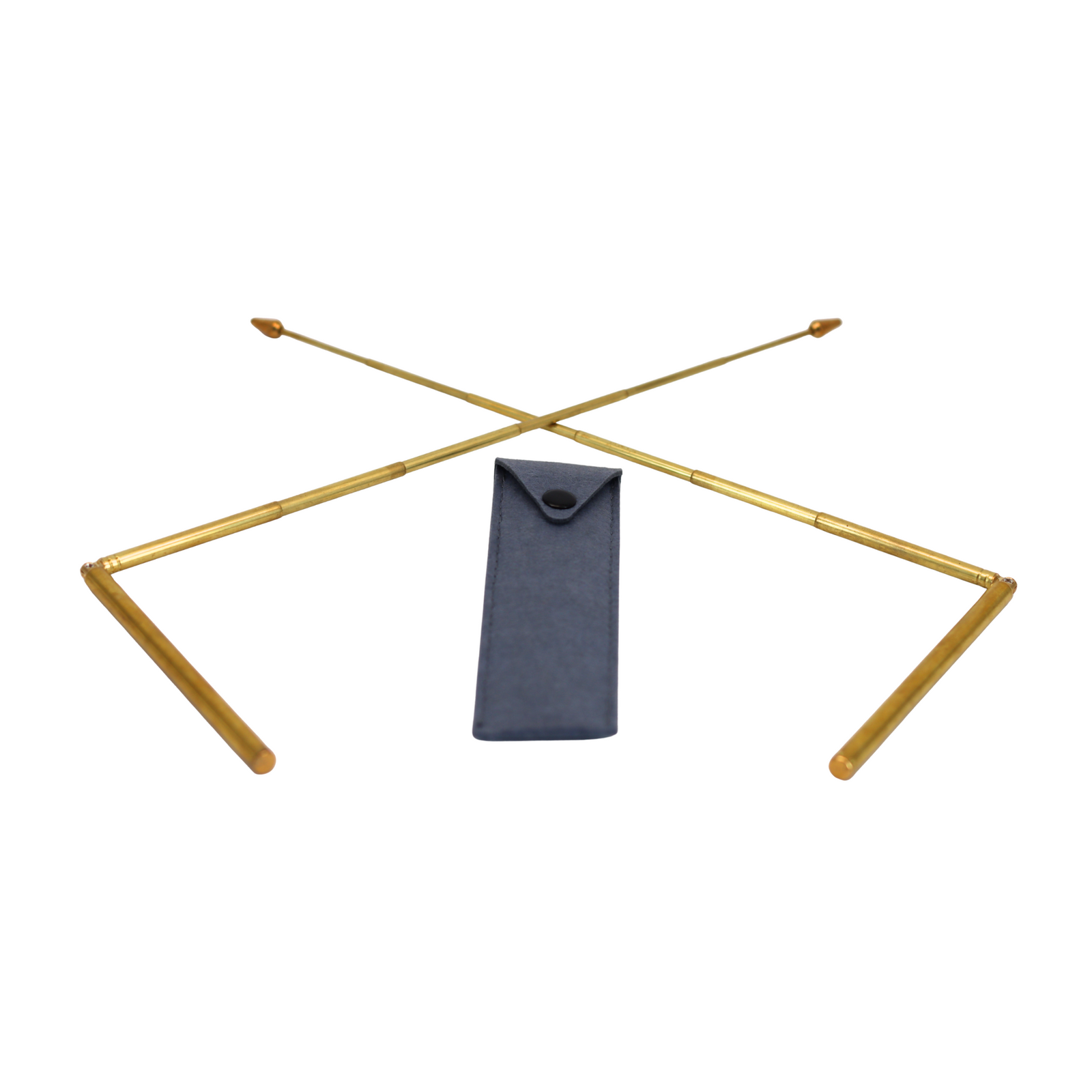 Two crossed gold rods with a black rectangular object on a white background