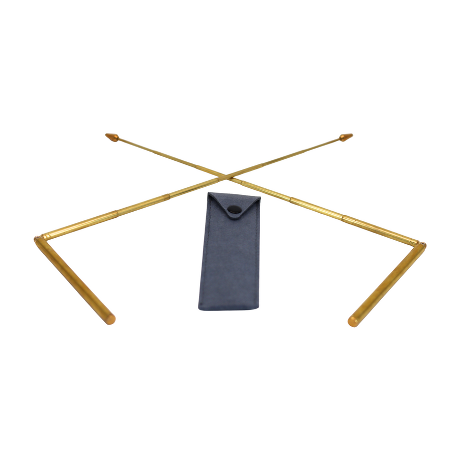 Two crossed gold rods with a black rectangular object on a white background