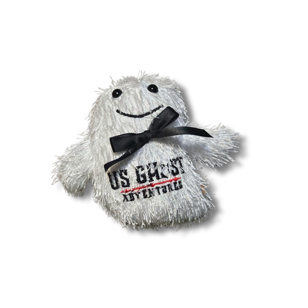 White plush ghost toy with a black bow and 'US Ghost Adventures' text on a white background