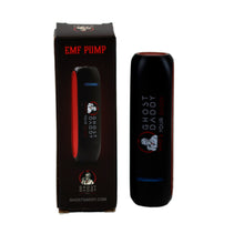 Black EMF pump with red accent and 'Ghost Daddy' branding next to its packaging on a white background.