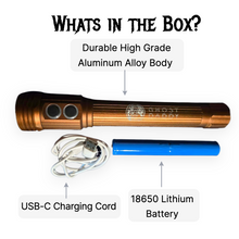 Ghost Family flashlight with USB-C charging card and 18650 lithium battery on a white background
