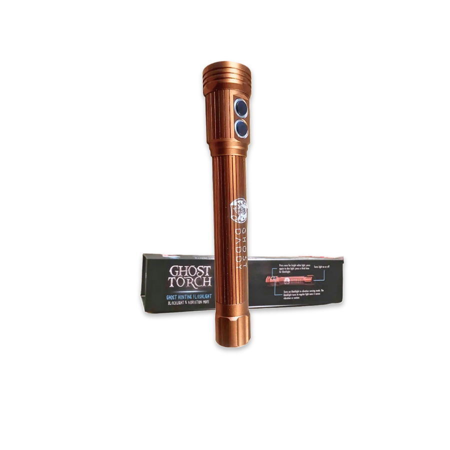 Copper-colored flashlight with packaging labeled 'Ghost Torch' on a white background