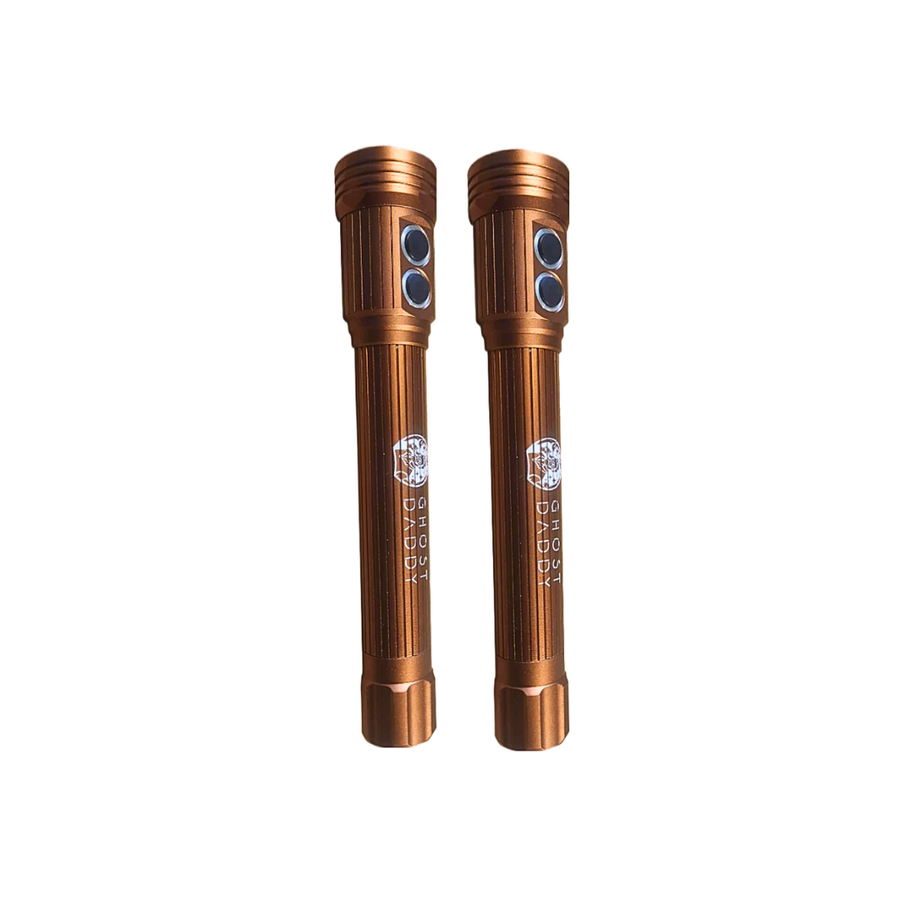 Two copper-colored flashlights with visible branding on a white background
