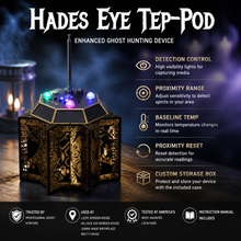 Hades Eye rem-Pod ghost hunting device with features listed on a dark background