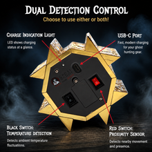 Dual detection control device with USB-C port, charge indication light, and switches for temperature and proximity detection on a dark background.