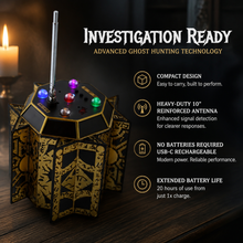 Ghost hunting device with features highlighted on a dark background extended battery life of 20 hours per charge.