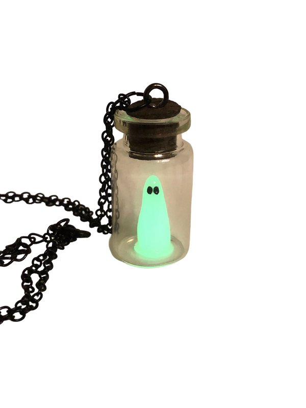 Glow in the Dark Ghost in a Glass Bottle Pendant with Chain