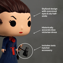Funko Pop! vinyl figure with text highlighting features on a gray background