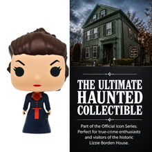 Funko Pop! figure of a character in front of a haunted house with promotional text.