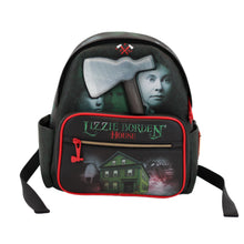 Backpack with Lizzie Borden House design featuring an axe and portrait.
