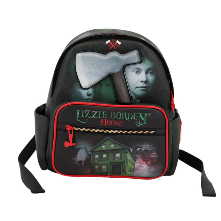 Backpack with Lizzie Borden House design featuring an axe and portrait.
