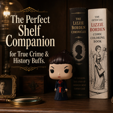 Lizzie Borden-themed books and figurine on a shelf with text about true crime and history.