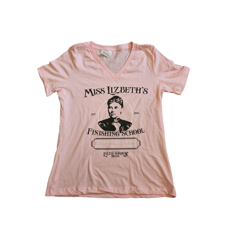 Pink t-shirt with 'Miss Lizabeth's Finishing School' graphic for Lizzie Borden House.
