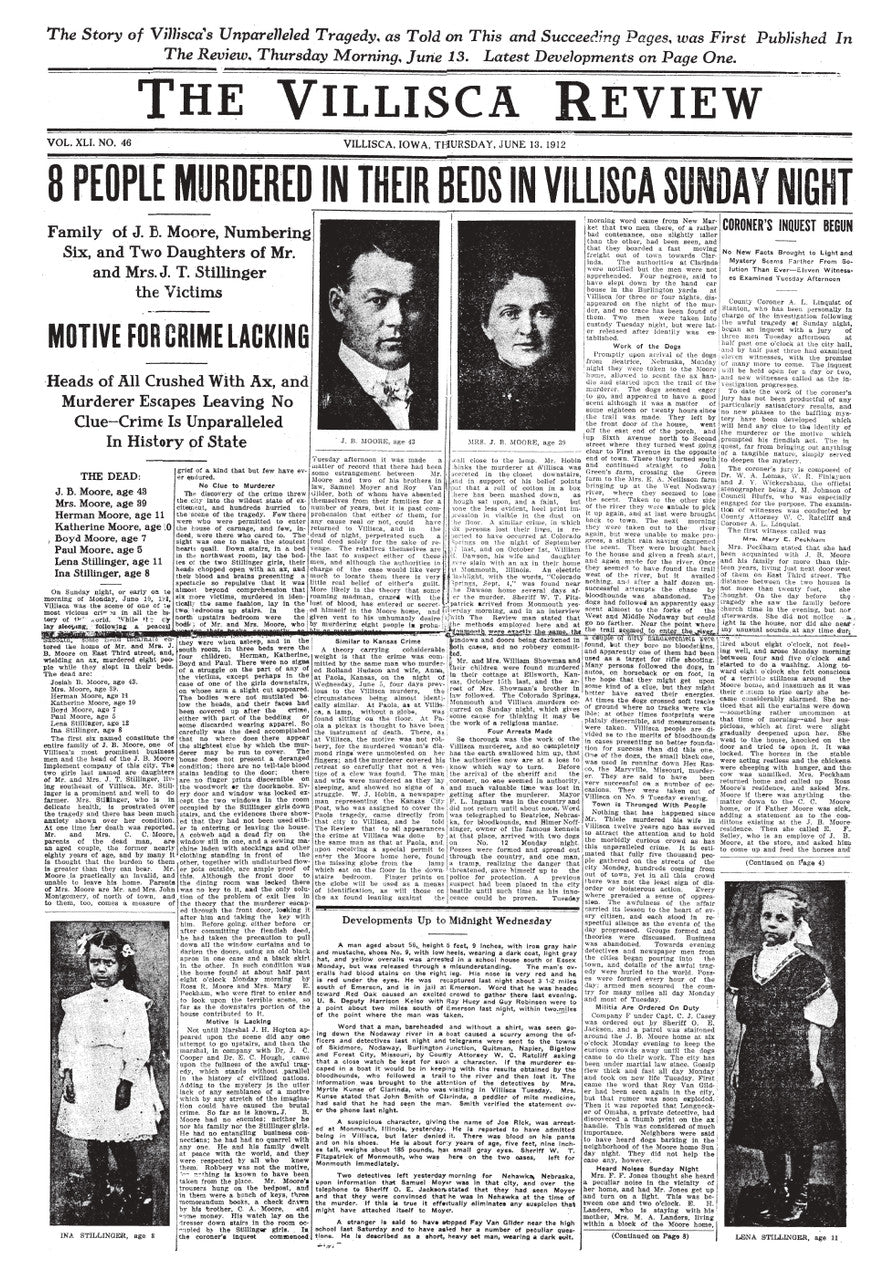 Official Villisca Axe Murder House Newspaper Replica