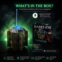 Hades Eye TEP-Pod ghost hunting device with packaging and instructions on a dark background