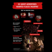Promotional graphic for US Ghost Adventures Haunted Places Passport with a map of the United States and text.